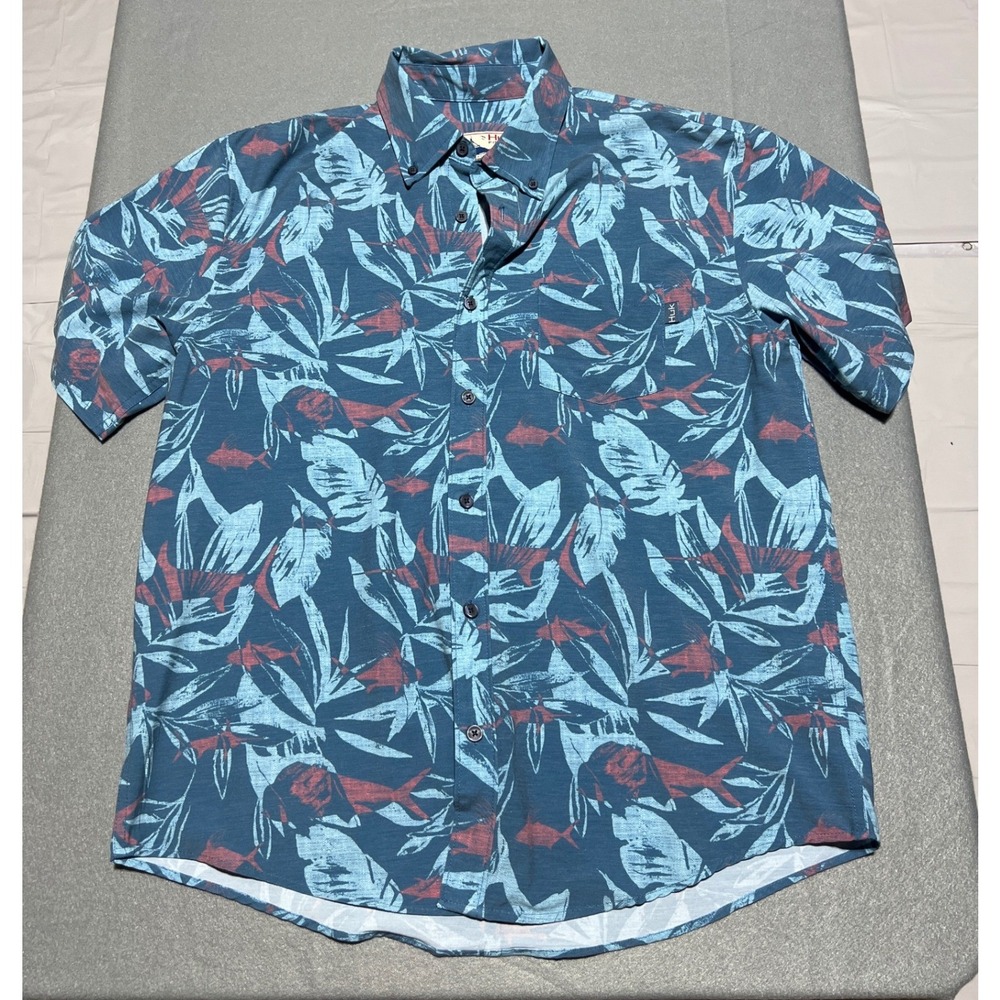 Huk Mens Short Sleeve Button Down Fishing Shirt Blue Red Tropical Fish Print L